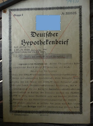 Bildhalter mit Alter Deutscher Hypothekenbrief Original 2. WK