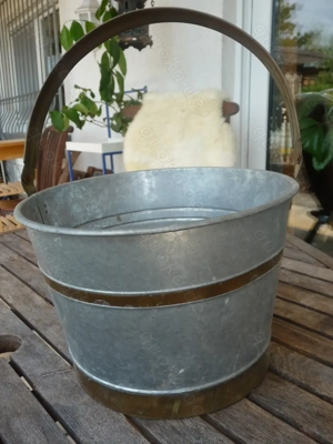 Vintage Zink Messing Pflanzenkessel Blumentopf Übertopf m. Henkel Garten