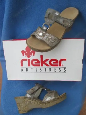  Pailletten Stickerei Strass Kristalle Echt Leder Pantoletten Sandaletten rieker ANTISTRESS silber
