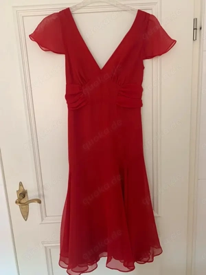 NEU Cocktail Abend Ausgeh Anlass Ball Seiden Chiffon Rüschen Volant Midi KLEID HALLHUBER 36-38 S rot
