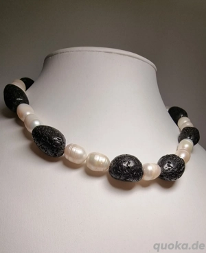 Süßwasserperlen-Lavastein-Kette | Halskette | Perlenkette