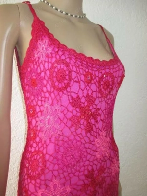 NEU Edel Glitzer Pailletten Blumen Blüten Häckel Bodycon Spaghetti Träger Kleid NICOWA 36-38  S pink
