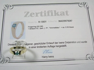 NEU: Brillant-Ring Gr. 18 - 56,5 585 Gold 0,5 Carat blauer Diamant Bild 10