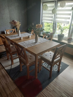 Tischgruppe mit 6 Stühlen. Material Echtholz Buche hell. Abmessung 80 x 220 cm