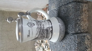 Bierkrug Keramik, mit Zinndeckel und Motiv Aurach = Bad Urach