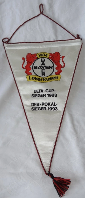 D Wimpel Fahne Bayer 04 Leverkusen 1904 Aufschrift UEFA-Cup 1988 DFB-Pokal 1993 sehr gut erhalten Pr
