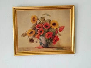 Original Ölbild Stilleben, Mohn - und Sonnenblumen