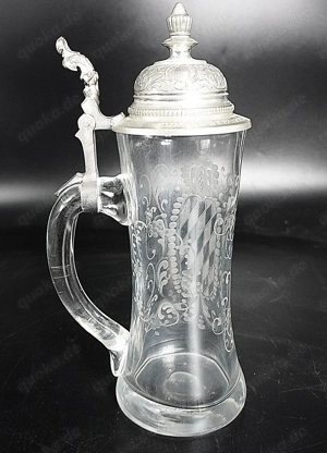Glasbierkrug 0,5l, mit Glasschliff- und Zinndeckelgravur, Sammler-und Dekostück