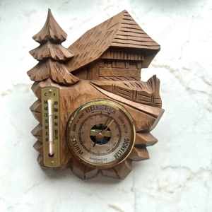 Wetterstation Thermometer Barometer Holzschnitzerei
