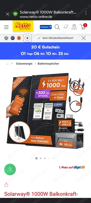 Solaranlage Balkonkraftwerk 1000 W mit 1.6 kW Speicher 