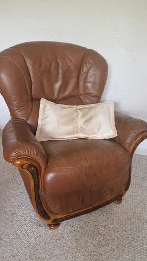 Couch +2 Sessel cognacfarben,Lederimitat,Holz,außergewöhnlich Bild 3