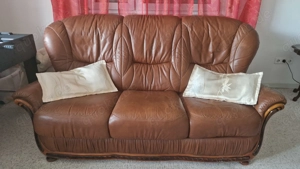 Couch +2 Sessel cognacfarben,Lederimitat,Holz,außergewöhnlich Bild 4