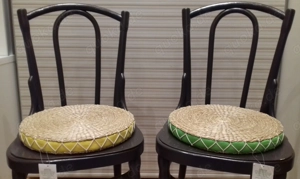 6 Sitzkissen SchaumstoffSeegrasgeflecht mit buntem Stoff rund, je