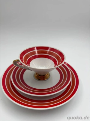 Winterling Trio Set Tasse Untertasse Kuchenteller Rot Weiß Streifen Gold Vintage