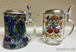 8 Sammelkrüge Bierkrug Steinkrug Glaskrug m. Zinndeckel bemalt Glas Ton Bild 8