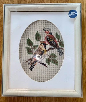 Stickbild GOBELIN Holzrahmen 28x33cm Vogelpaar Selbersticken NEU