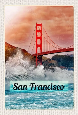 Holzschild San Francisco Golden Gate Bridge Wellen USA Wandbild