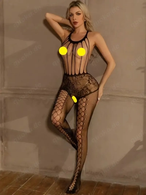 Dessous Reizwäsche schwarz Fishnet Neckholder Bodystocking Suit Bodysuit ohne Strapse Einheitsgröße 