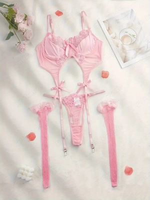 3 tlg. rosa pinke Dessous Reizwäsche Fishnet Straps Corsage Tanga Gr. S 36