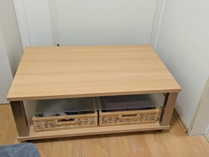 Couchtisch Tisch Wohnzimmer Holz Glas mit Rollen buche silber