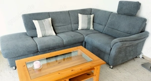 Couch, blau-grau schimmernd dezent, L-Form