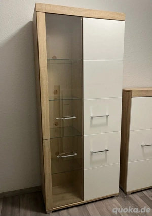Schrank , Hochschrank - weiß Hochglanz Tür , helle Holzoptik