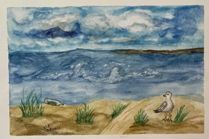 Aquarell "Strandbild mit Flaschenpost" selbstgemalt
