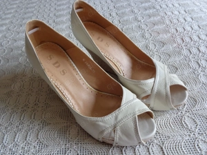 Damen - Keil-Peeptoes, Gr. 39, ecru, Kunstleder, Keilabsatz