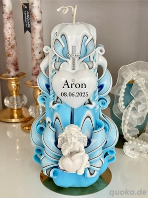 Taufkerze Unikat mit Name Datum und Herz, handgeschnitzt, Wunschdesign nachhaltig hergestellt Berlin