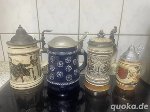 4x Keramik hochwertigem Steingut Bierkrug mit Zinndeckel