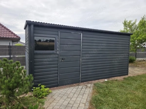 Gartenhaus 5x2 m Schuppen Blechgarage Fertiggarage Doppelgarage Holzoptik Pultdach Schwingtor 