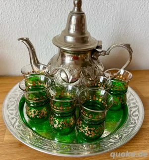 Orient.handgef.Tee Set 8-t. Teekanne 6 Teeglas Tablett Metall silber grün gold  