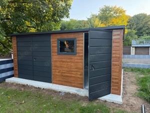 Blechgarage 5x4 m Garage Gartenhaus Carport Fertiggarage Doppelgarage Holzoptik Pultdach Schwingtor 