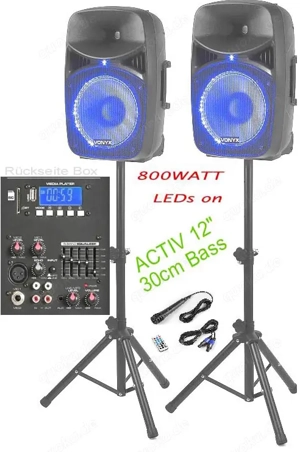 Musiksystem Aktiv 800WATT- 2xBoxen,2xStative,1xMikro,1x Fernbe., Bluetooth USB, neu aus Geschäft.