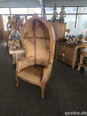 Ohrensessel Sessel massiv Teakholz mit echtem Leder braun vintage Retro 