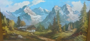 Ölgemälde Gebirgslandschaft signiert GASTON mit rustikalem Rahmen