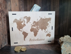 Spardose Weltkarte sparen Reisekasse Holz Geschenk Präsent
