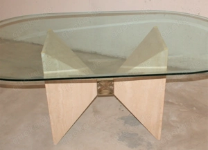 Eleganter Glas-Ess-Tisch mit Travertin-Fuß, wie neu