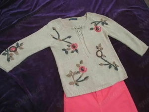 NEU Trachten Folklore 3D Blüten Stickerei Grob Strick Pullover LUISA CERANO  Handmade Gr. 38-40  S-M