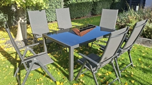 Garten Sitzgruppe, Tisch Glas, 5 (6) Stühle, Lehne verstellbar, Alu schwarz, Gebrauchsspuren