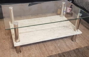 Couchtisch 12 mm Glasplatte und Ablage Marmor Optik Chrom Stollen