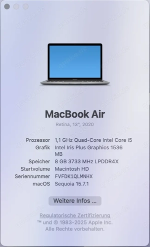 Apple MacBook Air 13 Zoll (256GB SSD, Intel Core i5 10. Gen., 1,10GHz, 8GB RAM) Bild 2 Apple MacBook Air 13 Zoll (256GB SSD, Intel Core i5 10. Gen., 1,10GHz, 8GB RAM) Bild 2