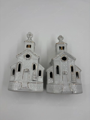 2er Set Winter Kirchen aus Keramik, weiß mit Golda