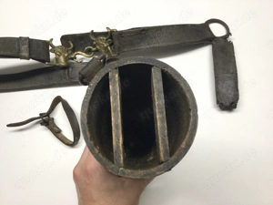 Holz Köcher Antik um 1900 mit Lederriemen Deko Defekt Bild 7