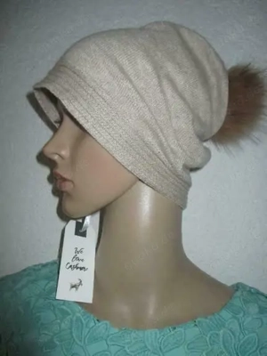 NEU mit Etikett Cashmer  Kaschmir Wolle Feinstrick Mütze Strickmütze Beanie mit Fake Fur Bommel beig