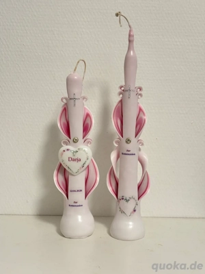 Kerze zu Kommunion  Taufe  Konfirmation handgeschnitz individuell besondere Anlässe personalisiert 