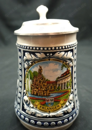 Bierkrug mit Zinndeckel und schönem Motiv "Stadt Erlangen"