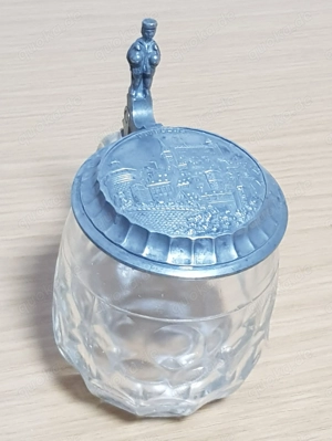 Antiker   Liter Glas Bierkrug, Seidel, Humpen, mit Zinndeckel < Nürnberger Stadtmotiv und Gänsemännc