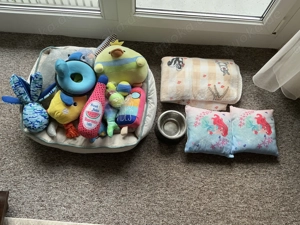 Hundebett, Spielzeug, Fressnäpfe, Decke