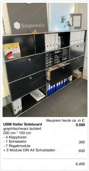 Klassik-Komplettbüro: USM Haller schwarz Sideboard - Tisch 2x1 - Rollcontainer